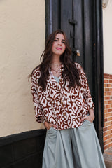 Blusa Boho manga 3/4  - Estampado Rombos Café