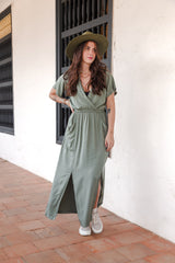 Vestido Étnica Largo con mangas y aberturas frontales - Verde Oliva