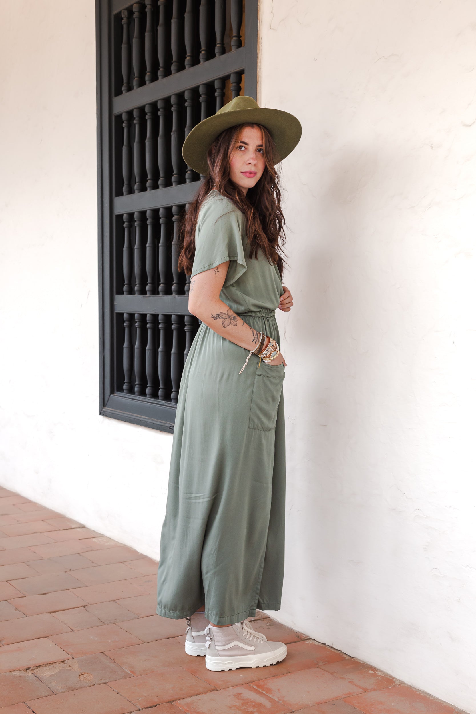 Vestido Étnica Largo con mangas y aberturas frontales - Verde Oliva