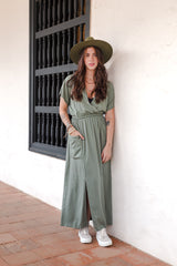 Vestido Étnica Largo con mangas y aberturas frontales - Verde Oliva