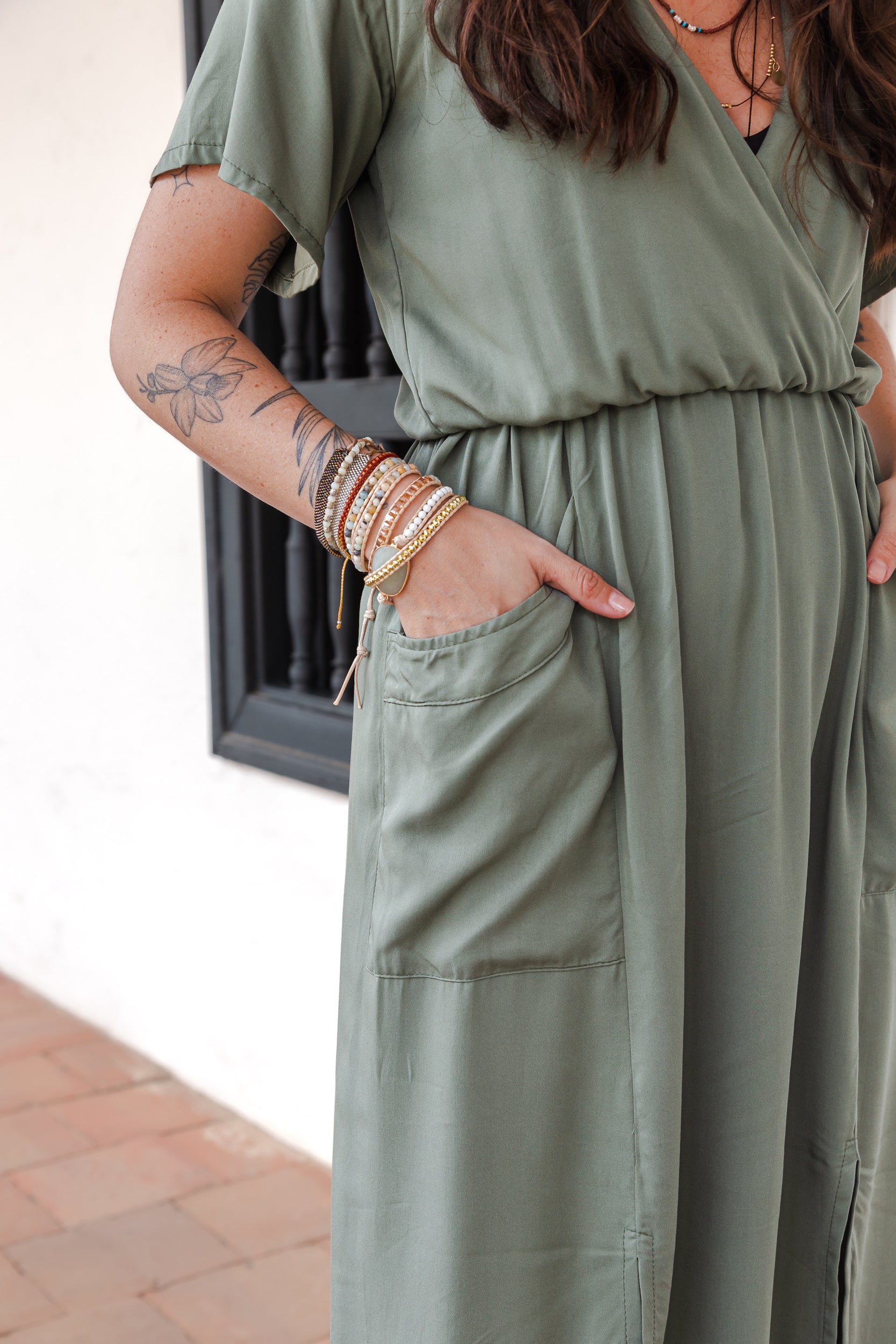 Vestido Étnica Largo con mangas y aberturas frontales - Verde Oliva