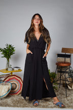 Vestido Étnica Largo con mangas y aberturas frontales - Negro