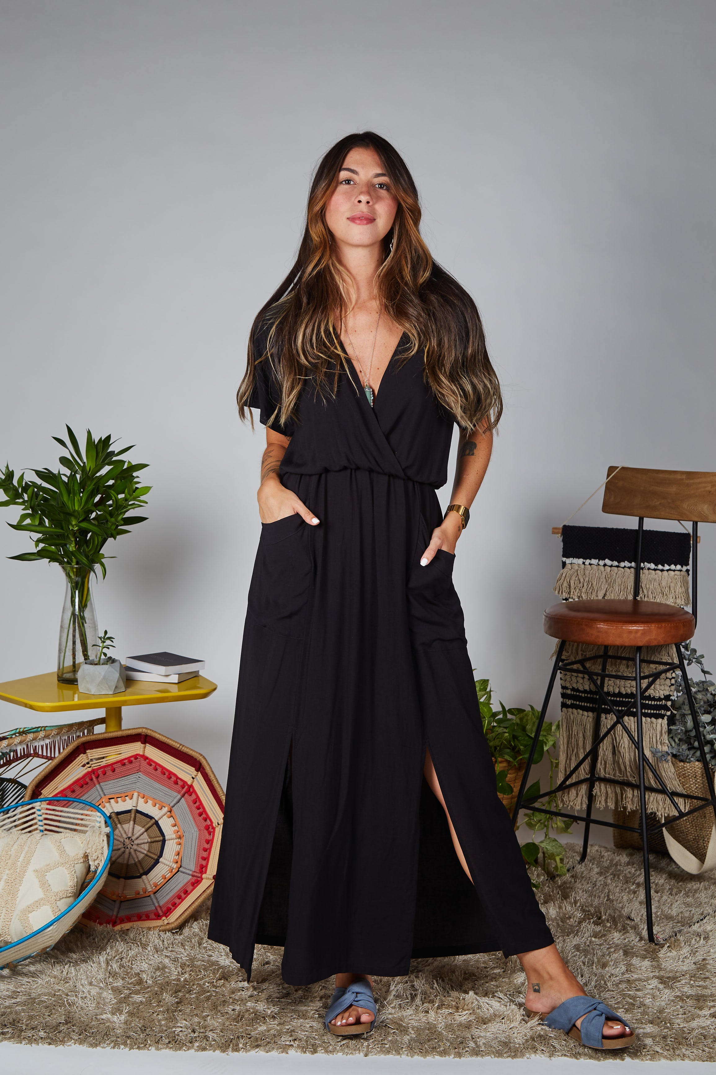 Vestido Étnica Largo con mangas y aberturas frontales - Negro