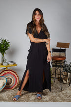 Vestido Étnica Largo con mangas y aberturas frontales - Negro
