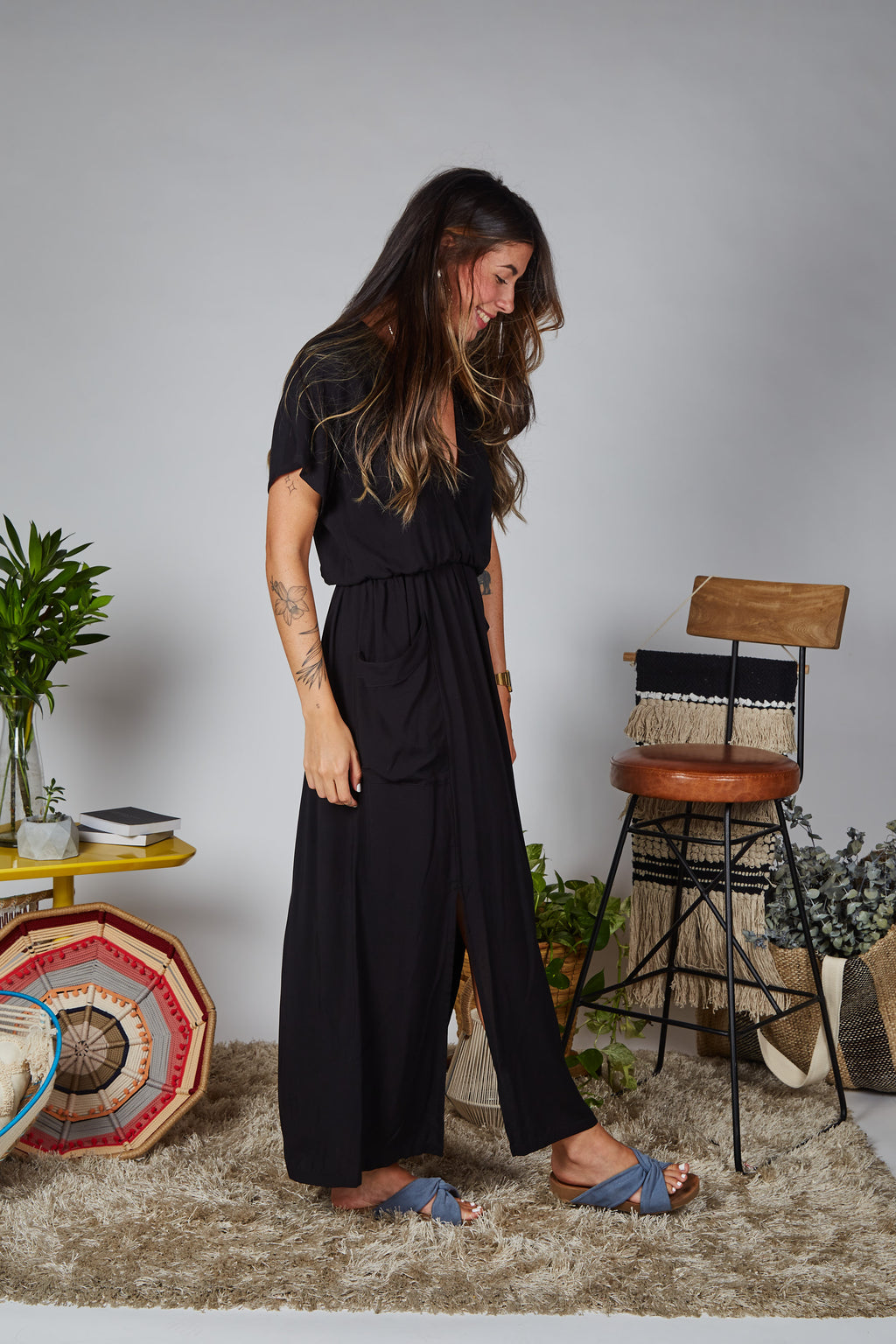 Vestido Étnica Largo con mangas y aberturas frontales - Negro