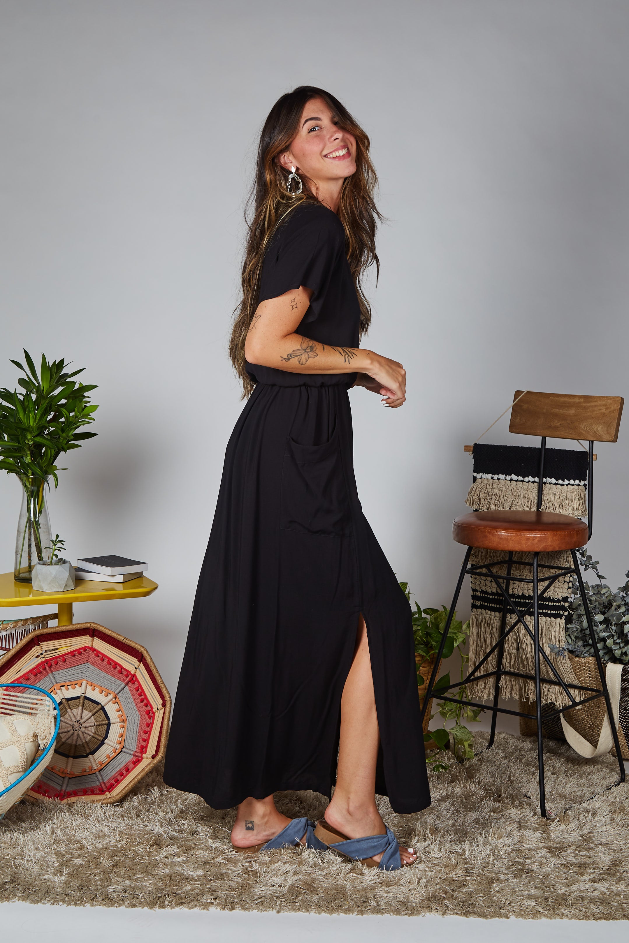 Vestido Étnica Largo con mangas y aberturas frontales - Negro