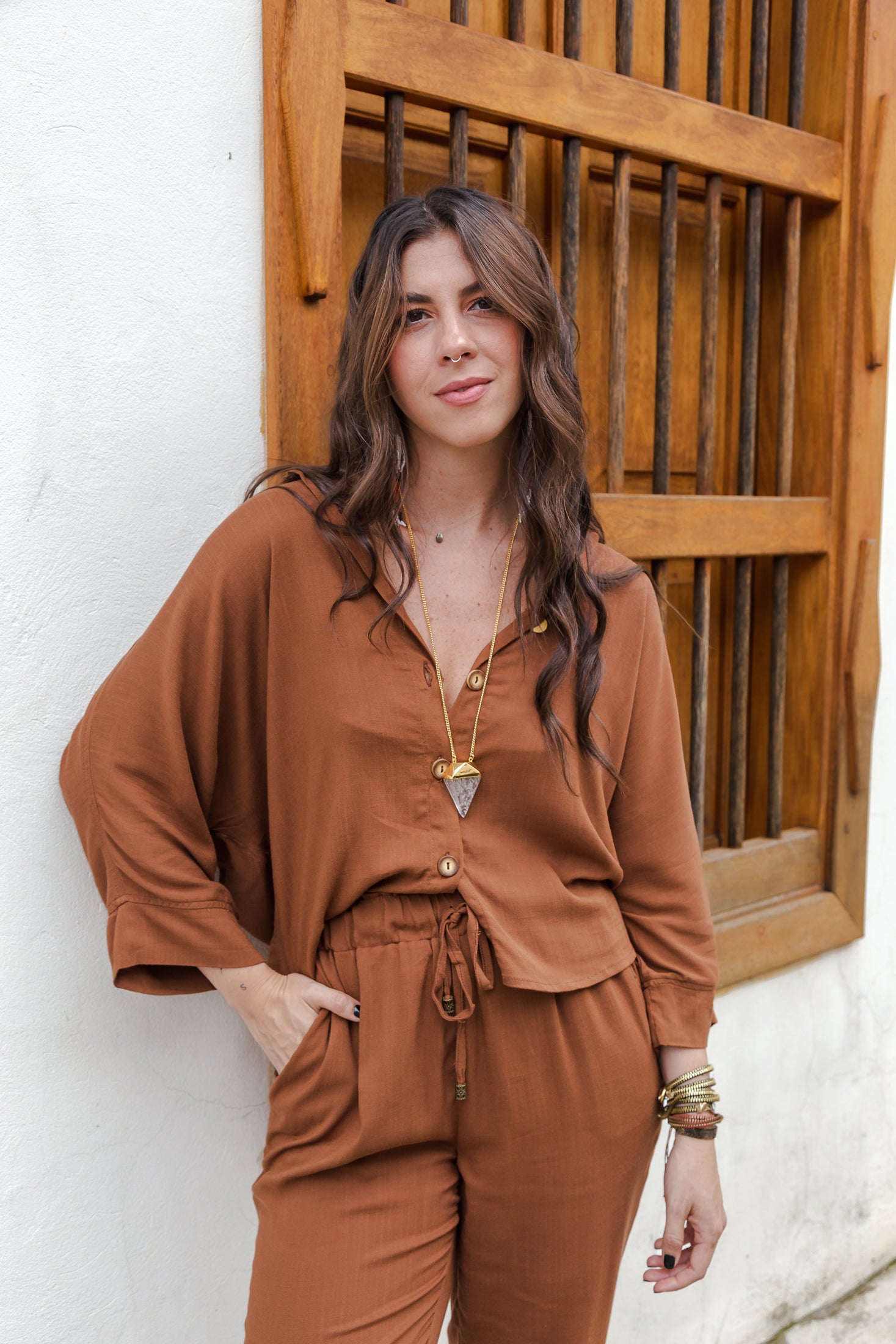 Blusa Boho manga 3/4  - Valery Marrón