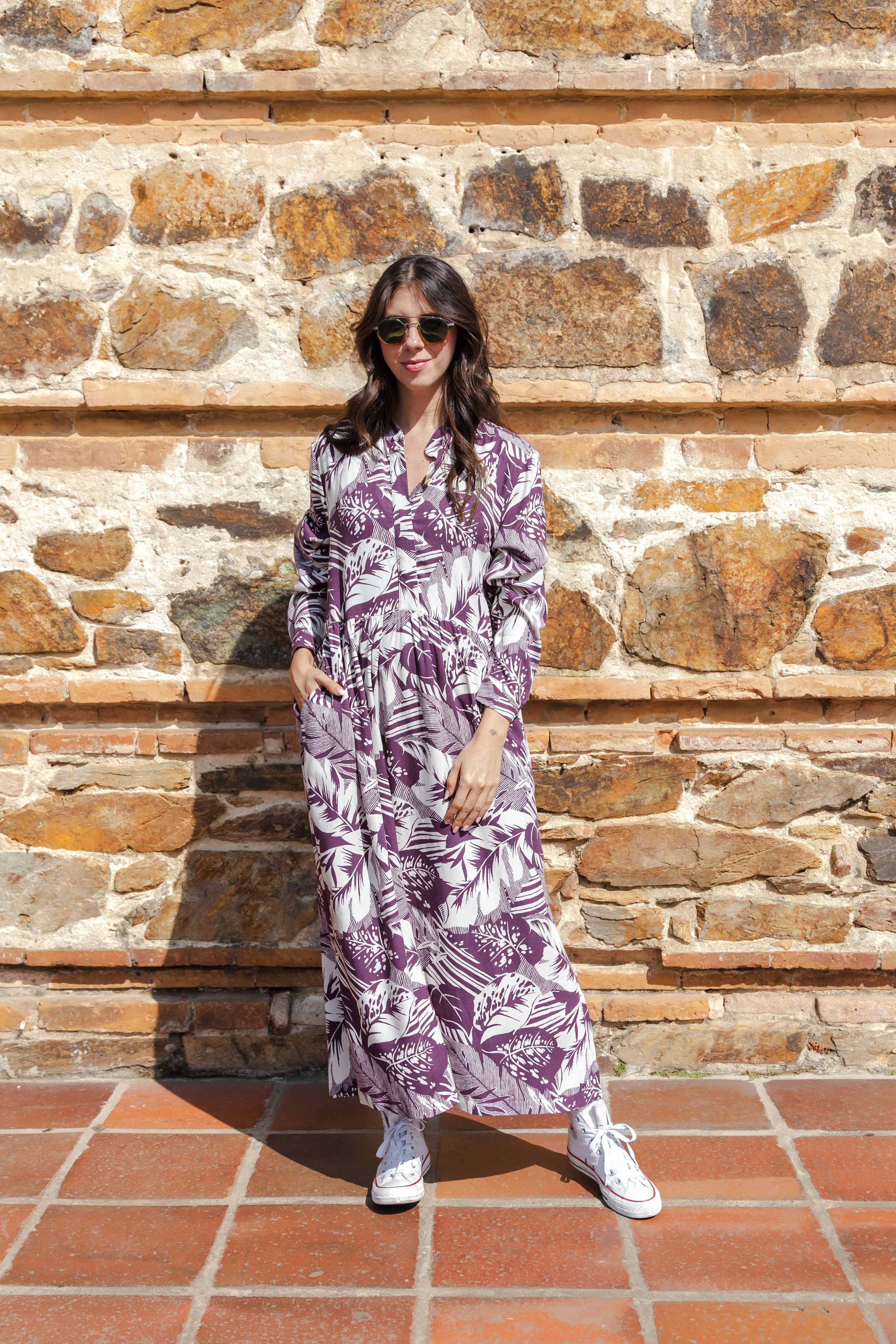 Vestido maxi vera manga larga con aberturas - Púrpura y Crudo