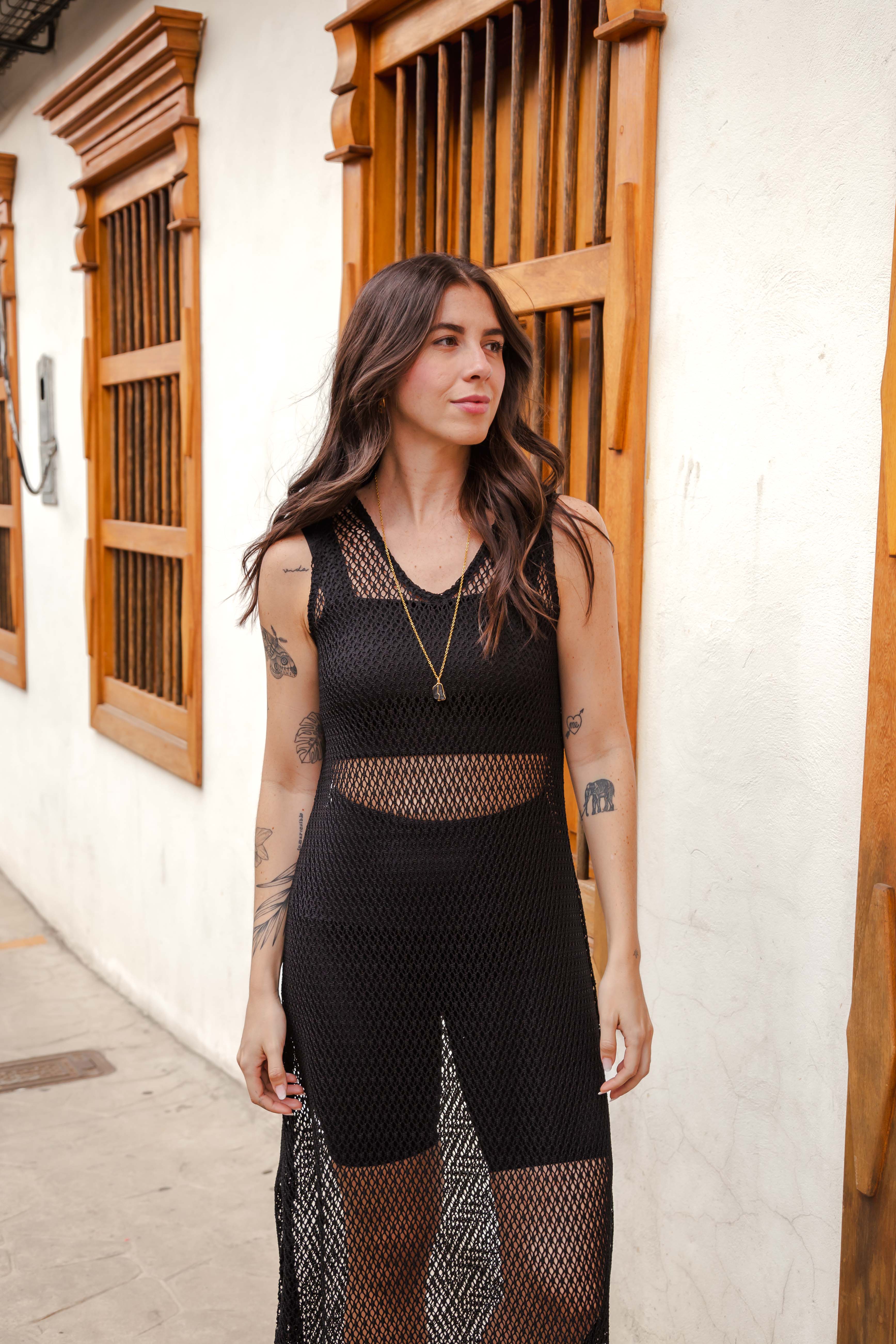 Vestido Largo en Malla sin mangas - Negro