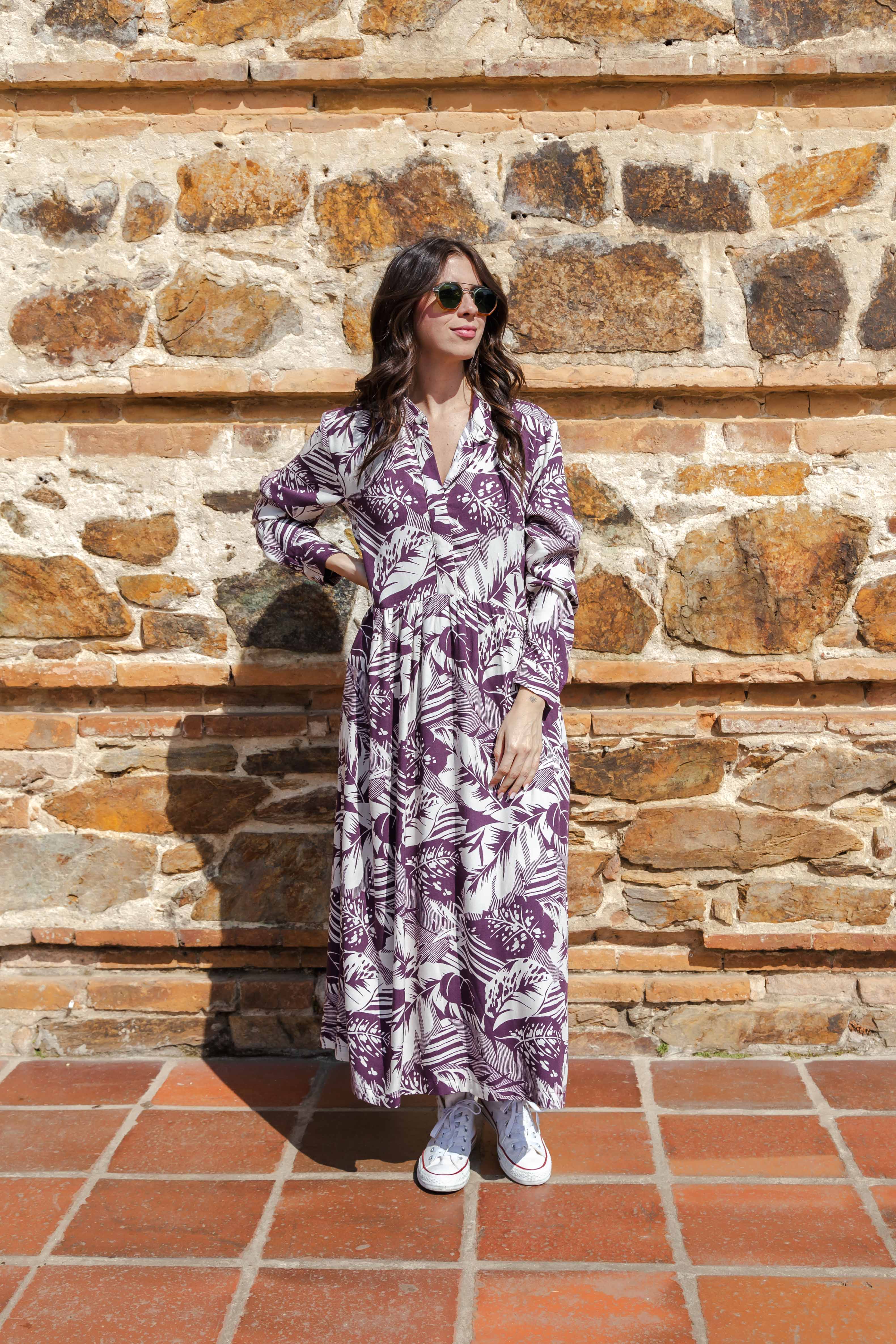 Vestido maxi vera manga larga con aberturas - Púrpura y Crudo