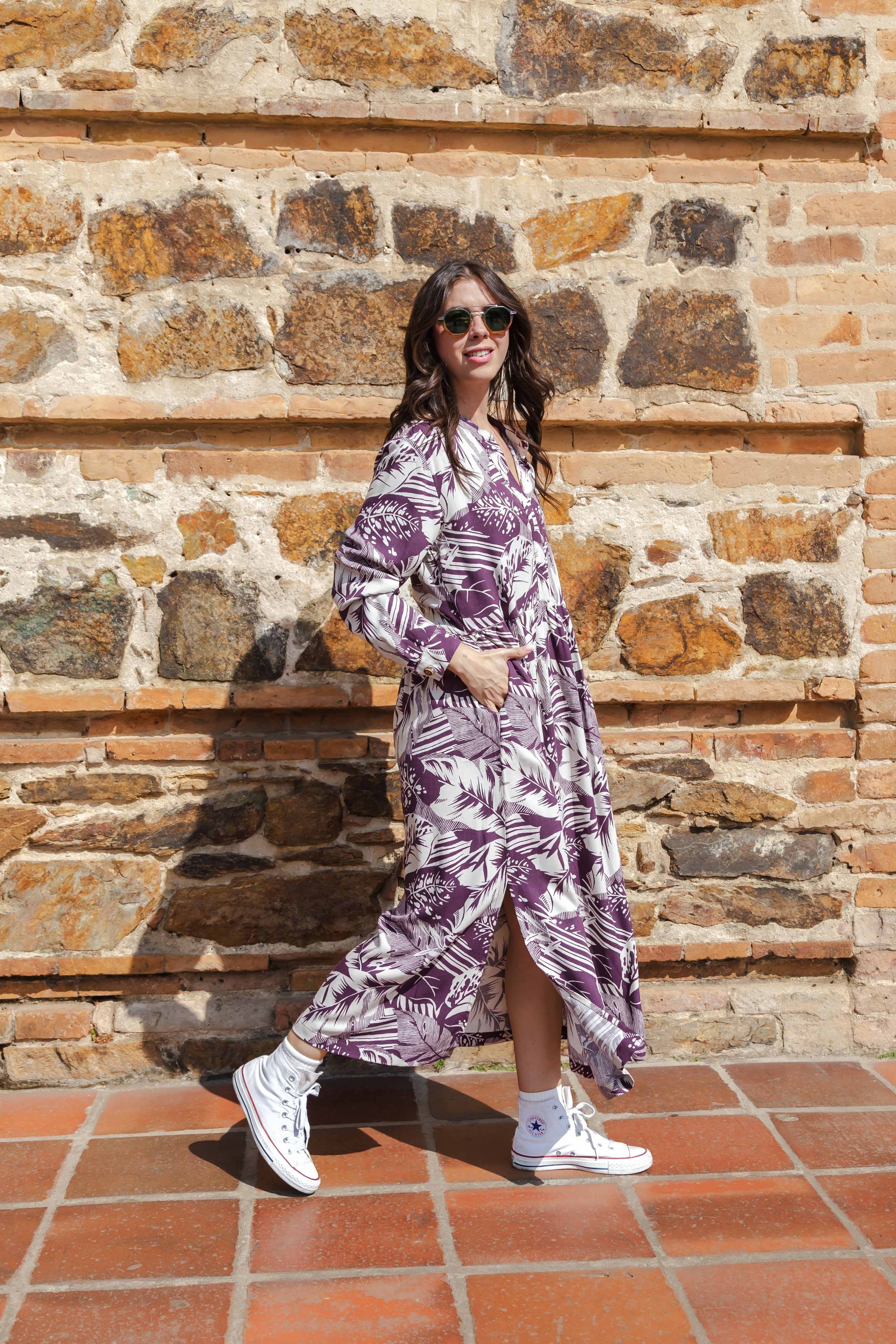 Vestido maxi vera manga larga con aberturas - Púrpura y Crudo