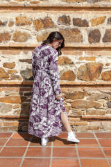 Vestido maxi vera manga larga con aberturas - Púrpura y Crudo
