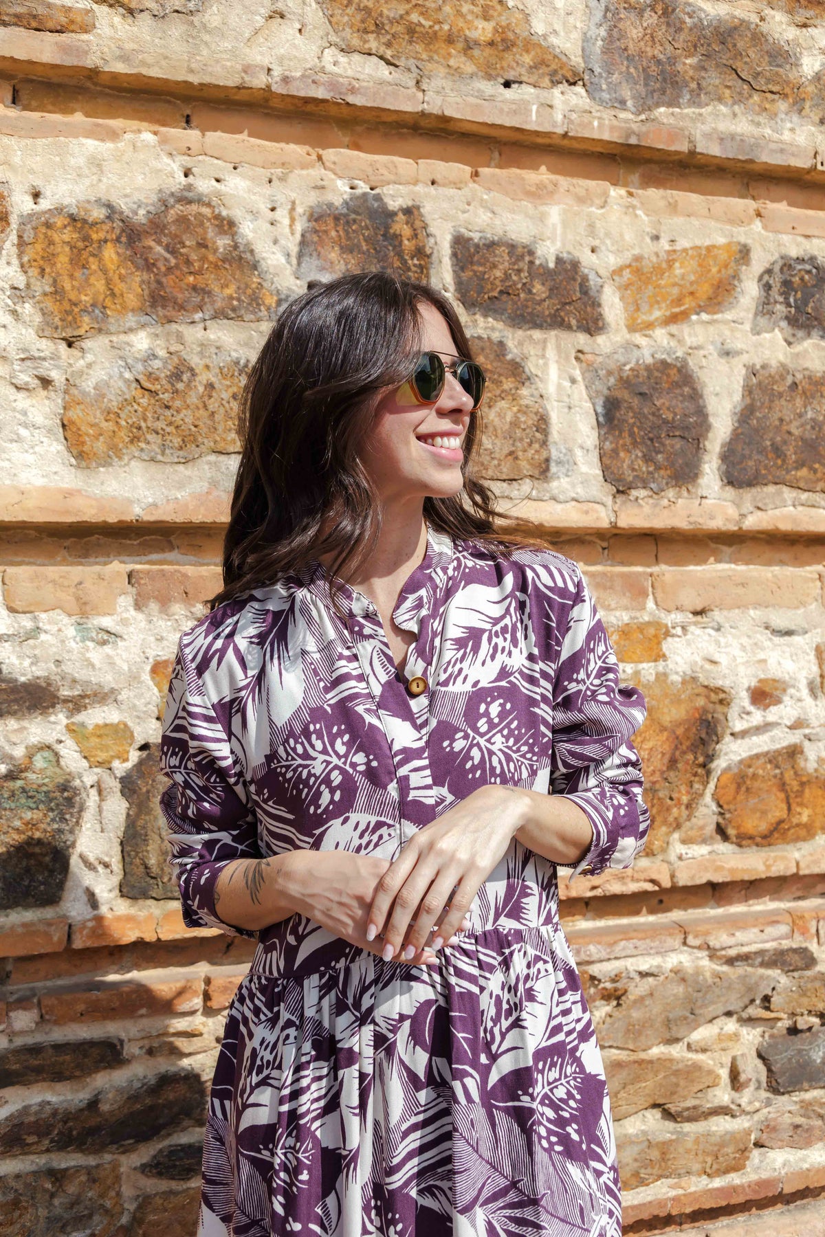 Vestido maxi vera manga larga con aberturas - Púrpura y Crudo