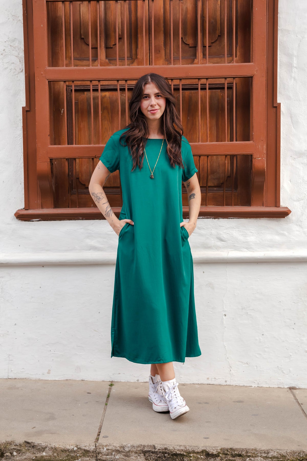 Vestido Alma Recto cuello en v o redondo  - Verde Esmeralda