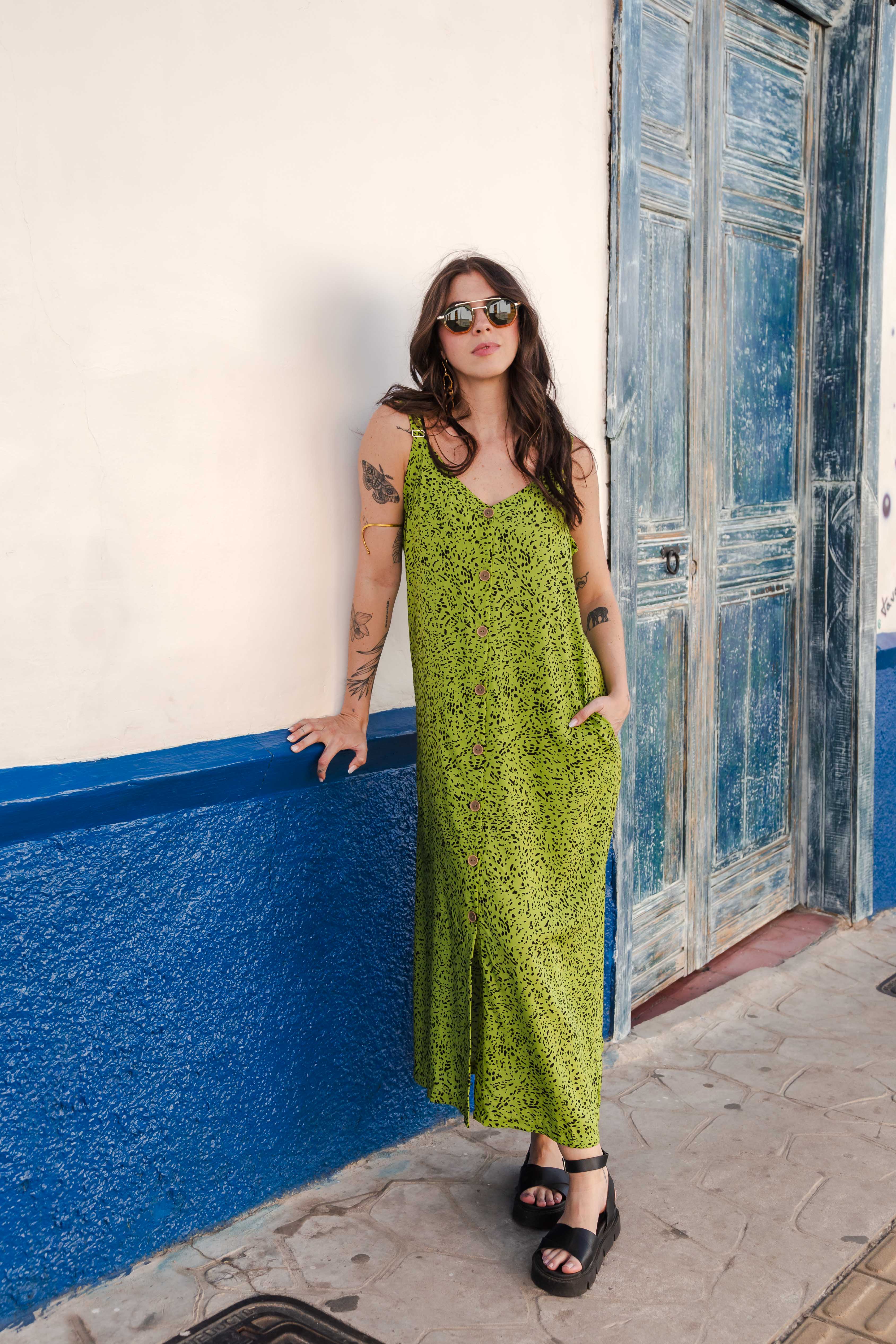 Vestido Largo de punticos con tiras y botones - Verde punticos negros