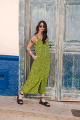 Vestido Largo de punticos con tiras y botones - Verde punticos negros