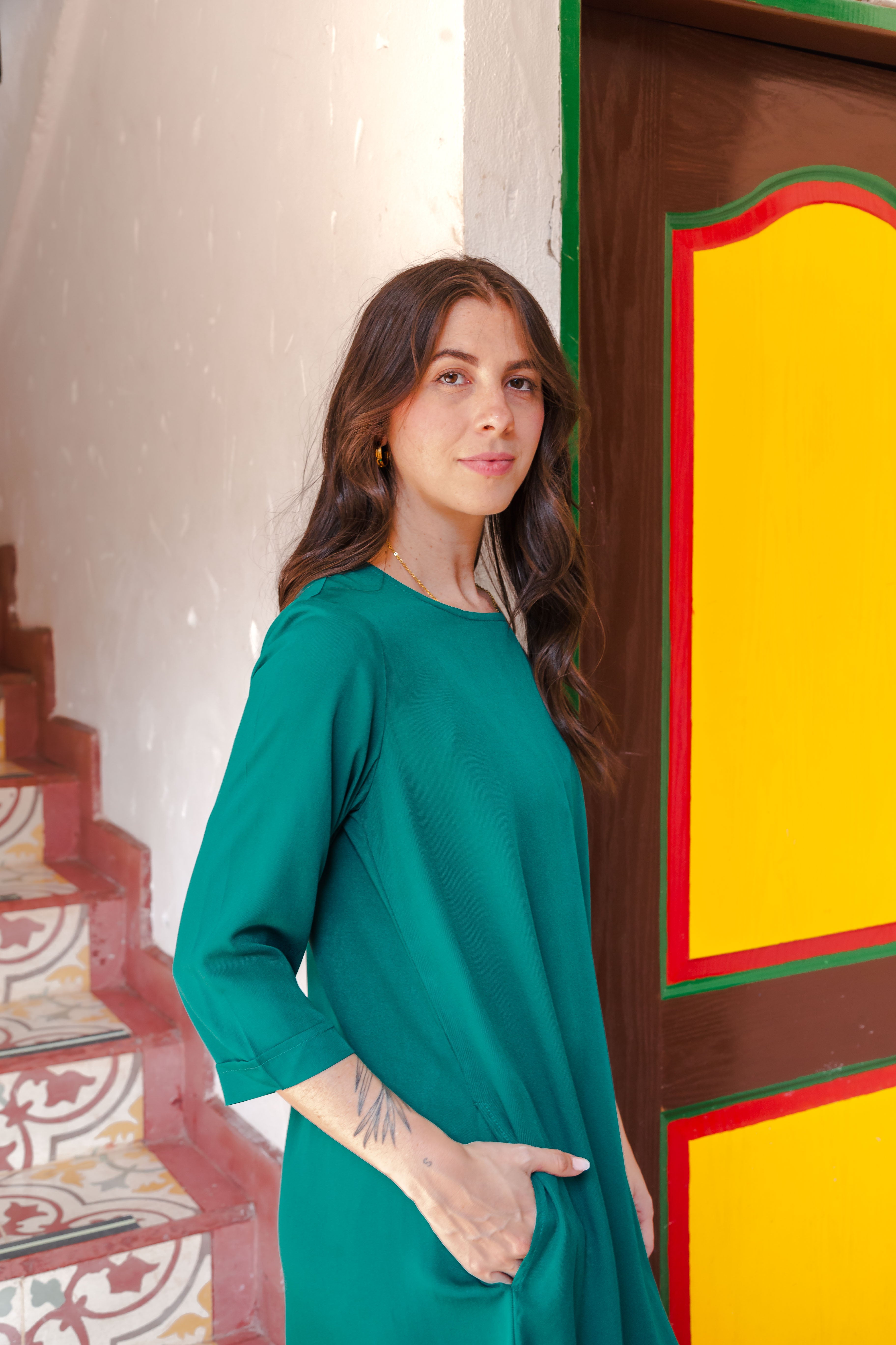 Vestido Carlota corto manga 3/4 - Verde Esmeralda