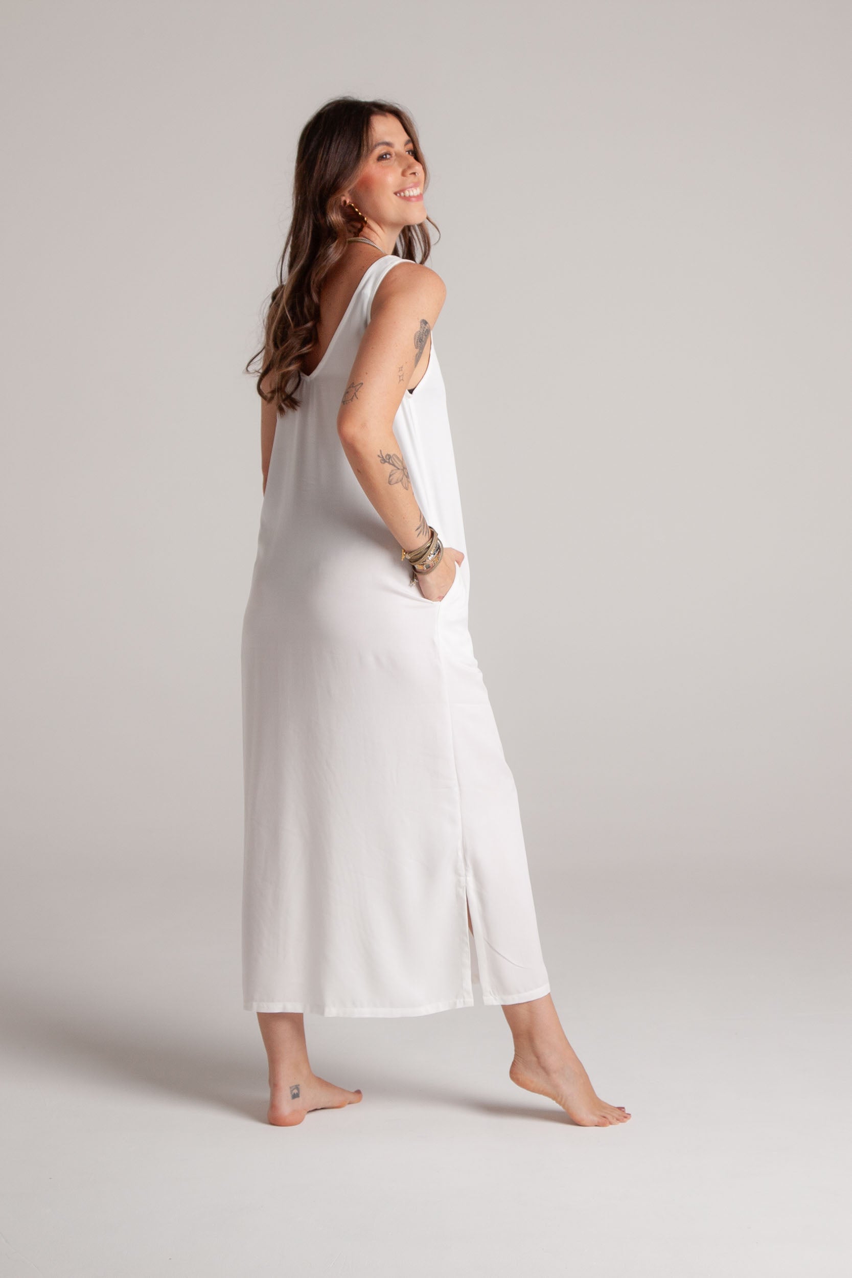 Vestido Flora sin mangas con bolsillos - Color Blanco hueso