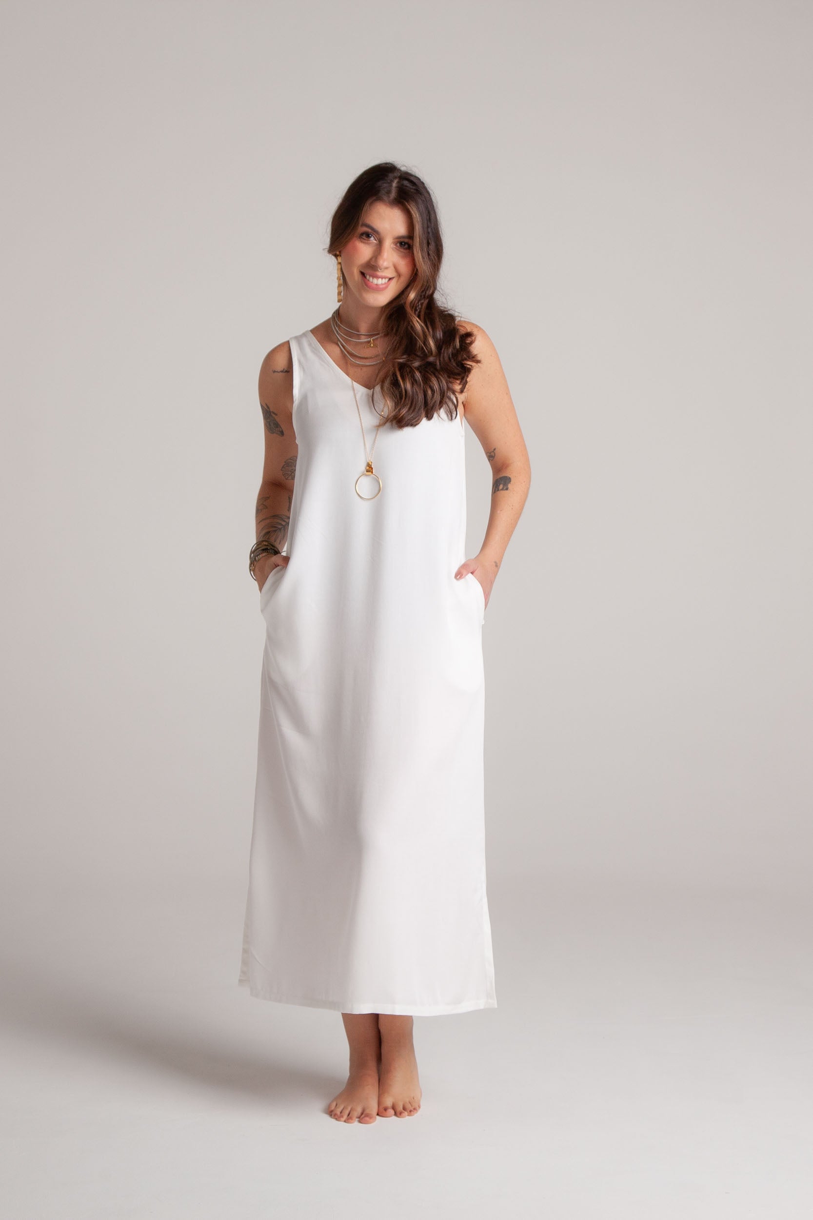 Vestido Flora sin mangas con bolsillos - Color Blanco hueso