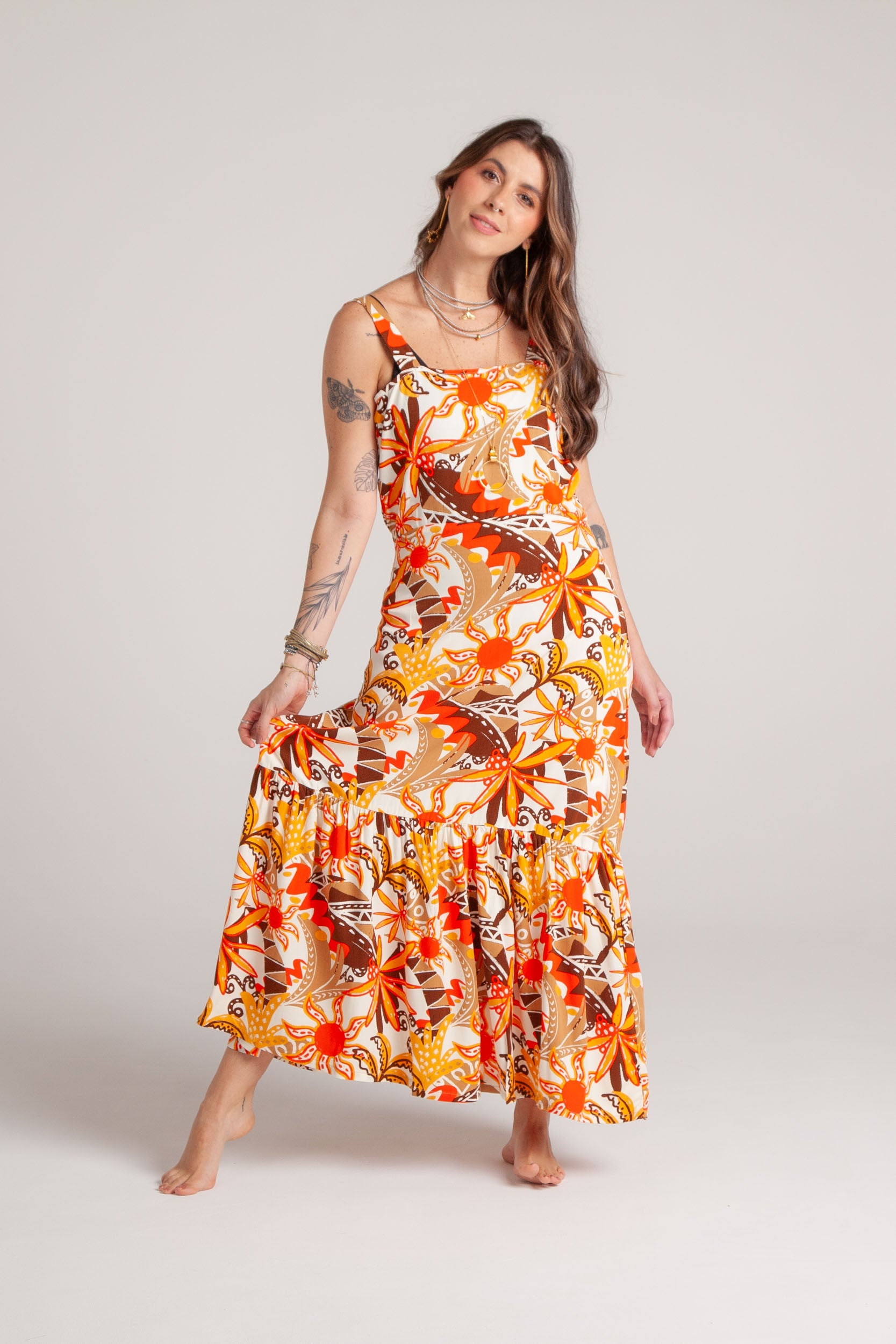 Vestido inspiración cuello recto con tiras y bolero - Flor Jamaica