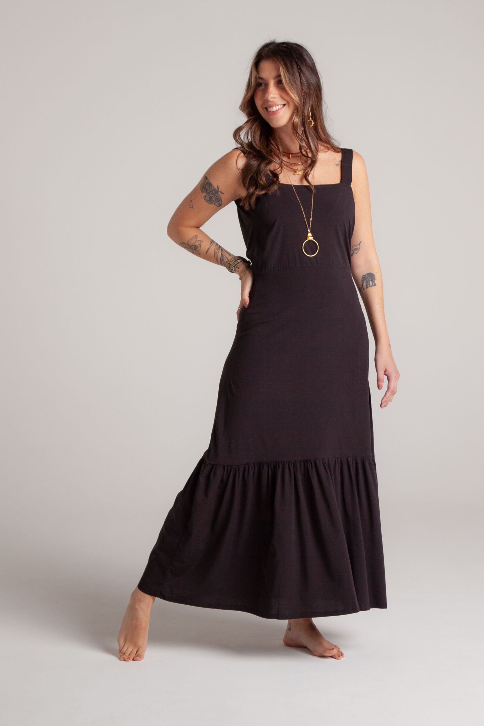 Vestido inspiración cuello recto con tiras y bolero - Negro