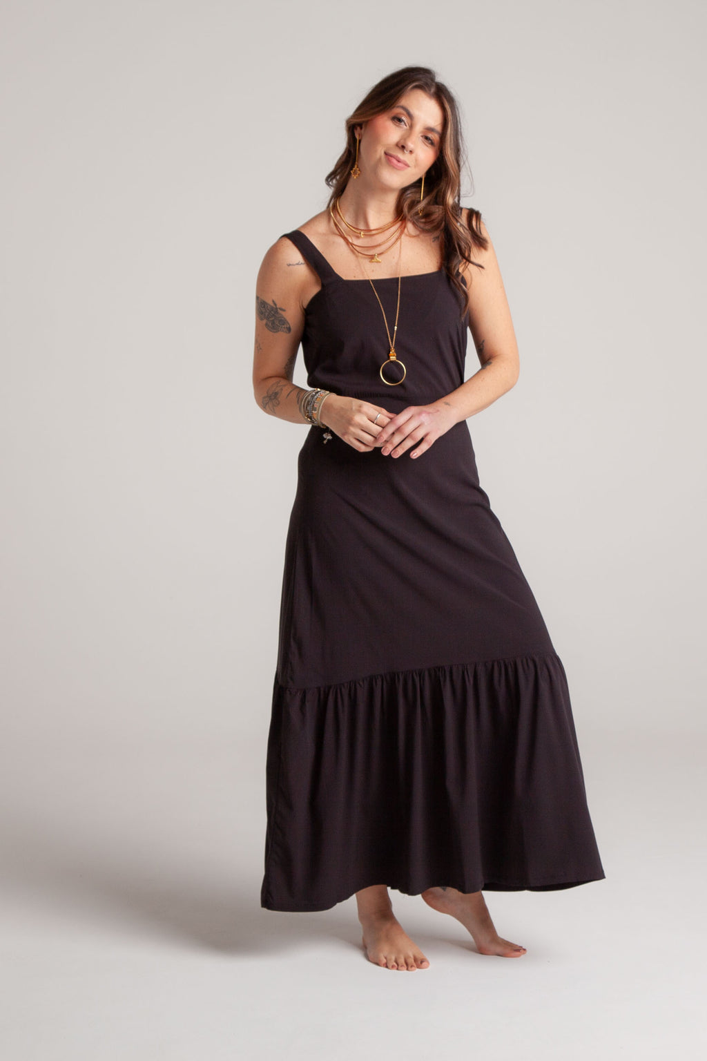 Vestido inspiración cuello recto con tiras y bolero - Negro