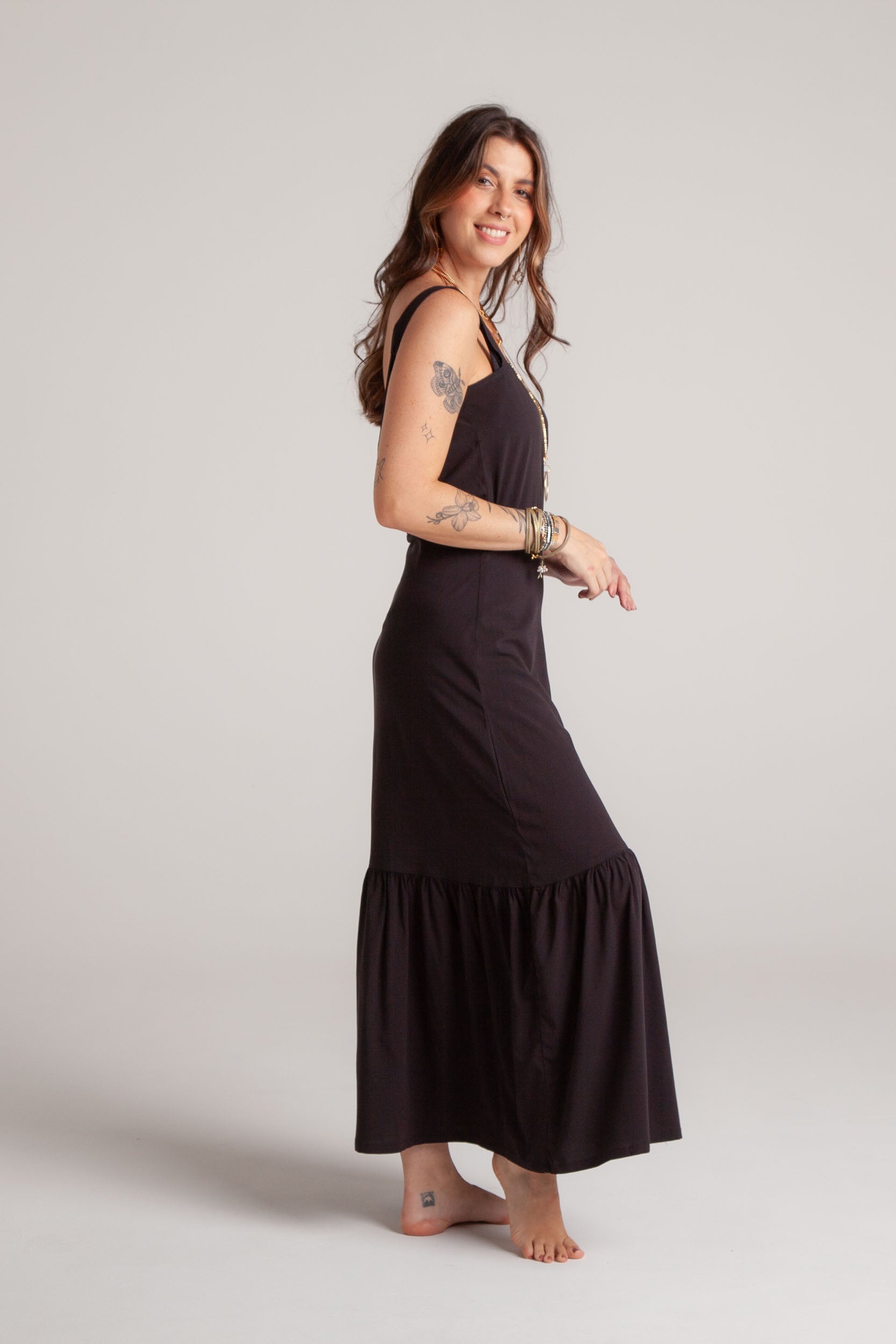 Vestido inspiración cuello recto con tiras y bolero - Negro