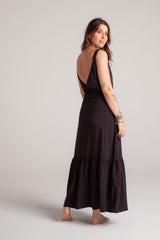 Vestido inspiración cuello recto con tiras y bolero - Negro