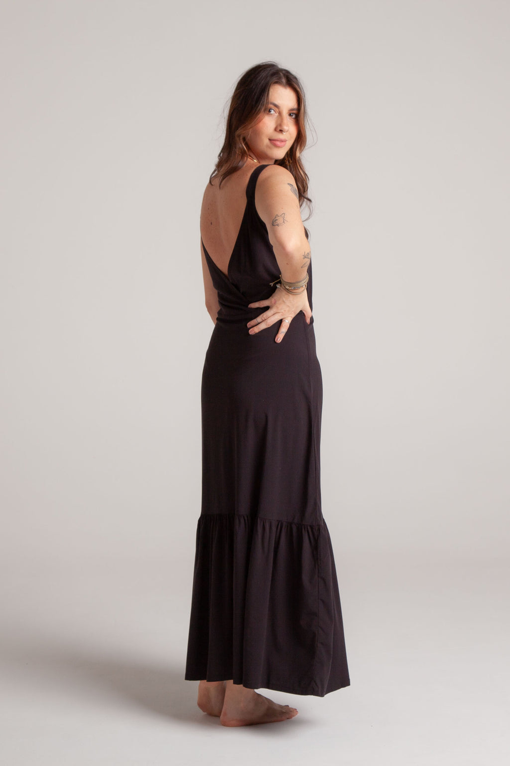 Vestido inspiración cuello recto con tiras y bolero - Negro