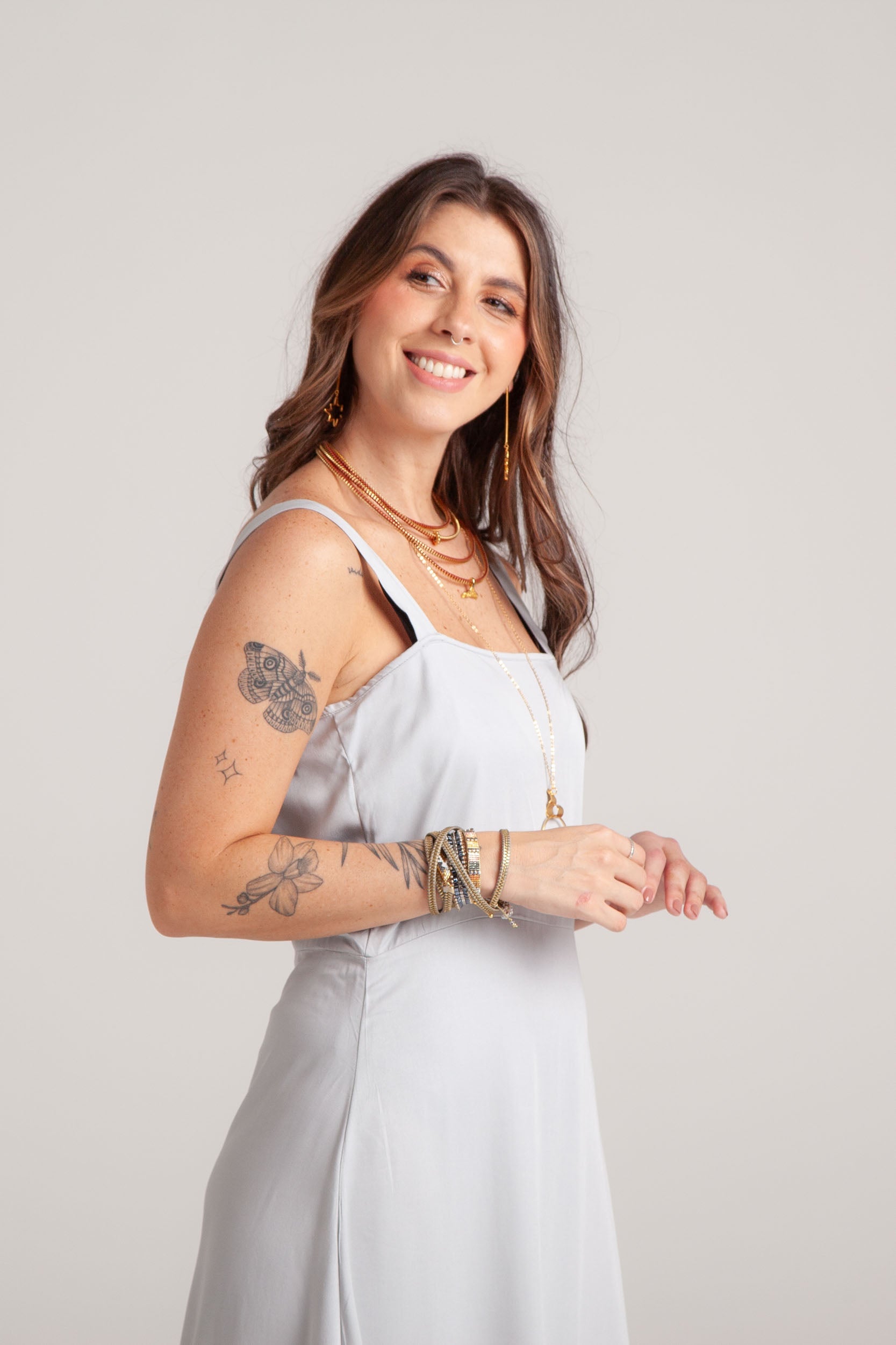 Vestido inspiración cuello recto con tiras y bolero - Gris