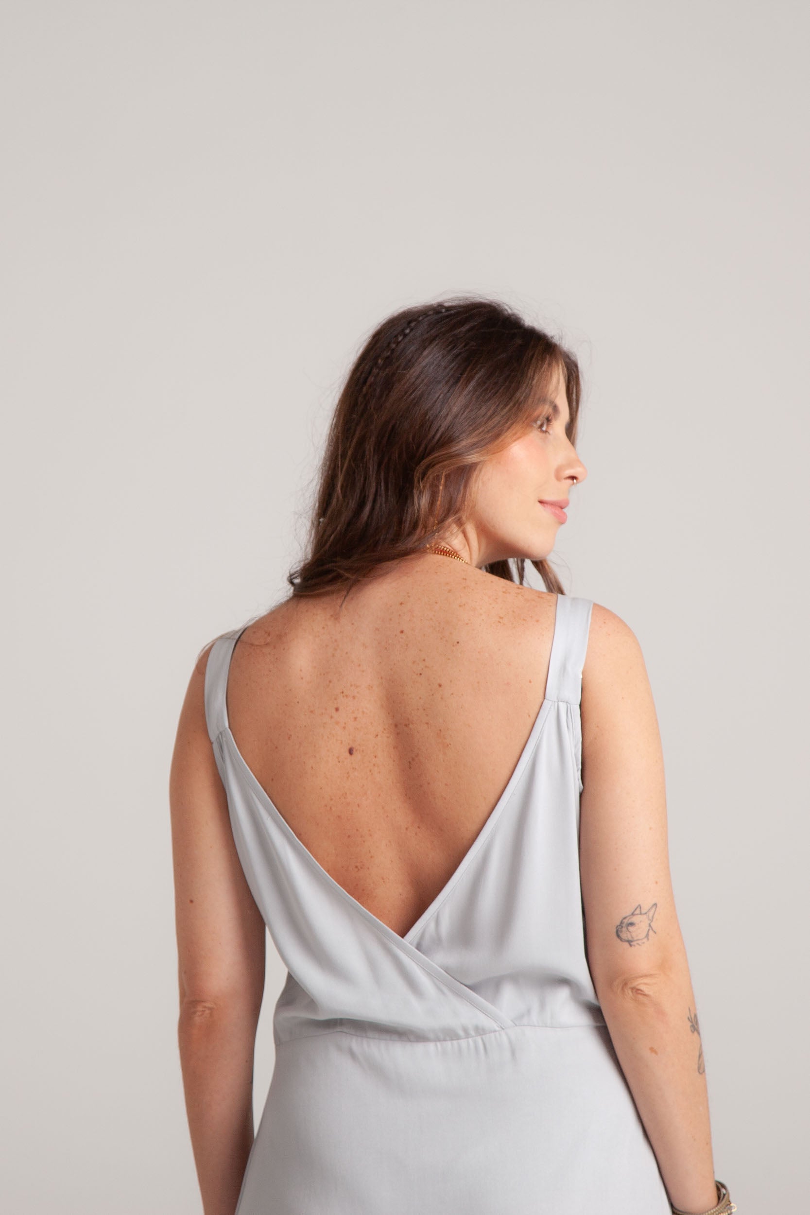Vestido inspiración cuello recto con tiras y bolero - Gris
