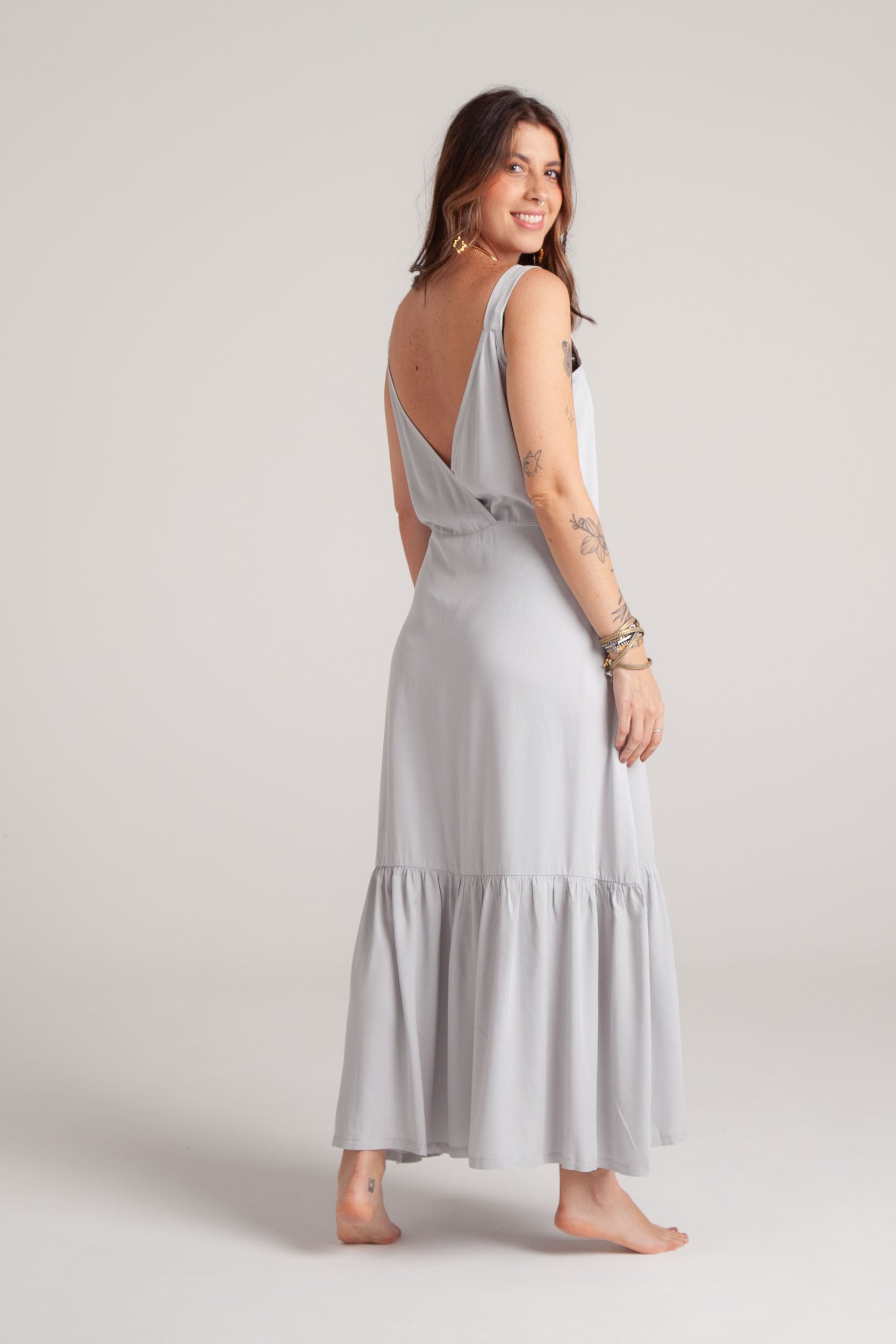 Vestido inspiración cuello recto con tiras y bolero - Gris