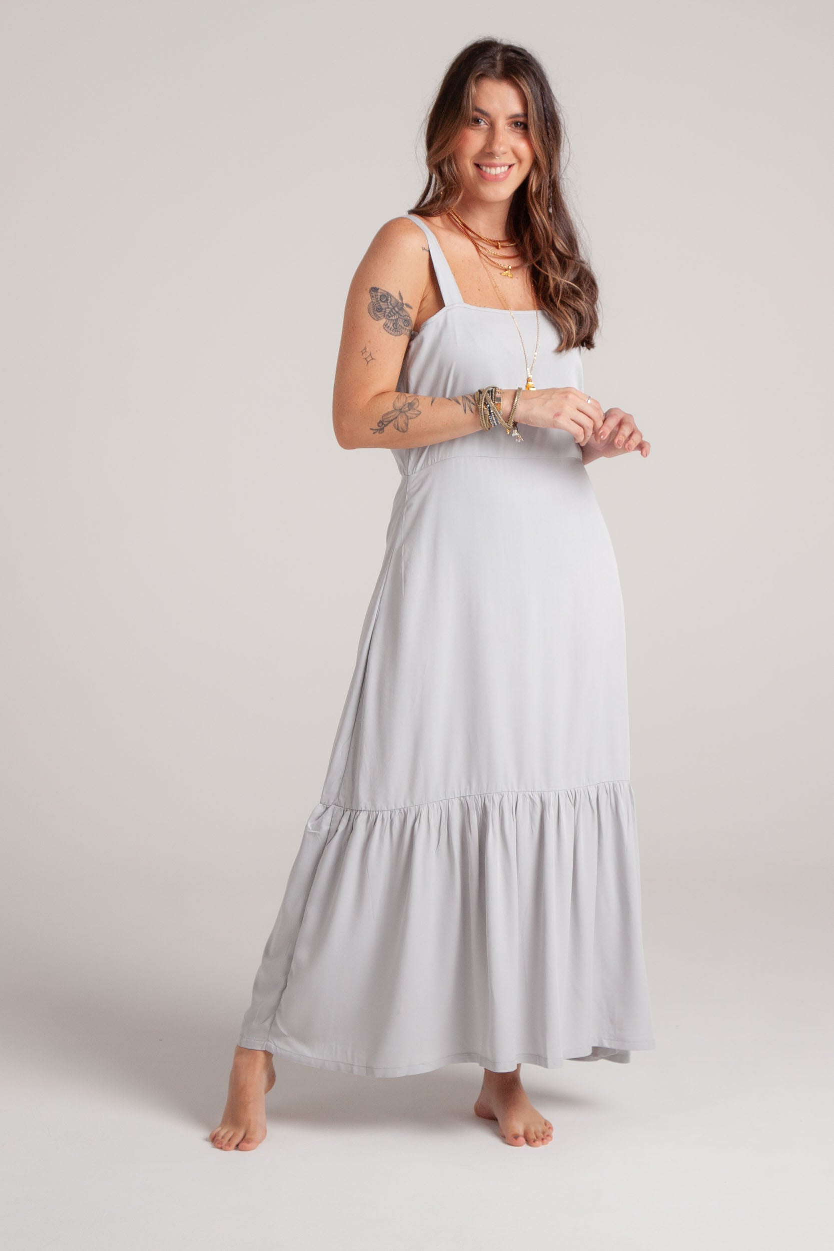 Vestido inspiración cuello recto con tiras y bolero - Gris