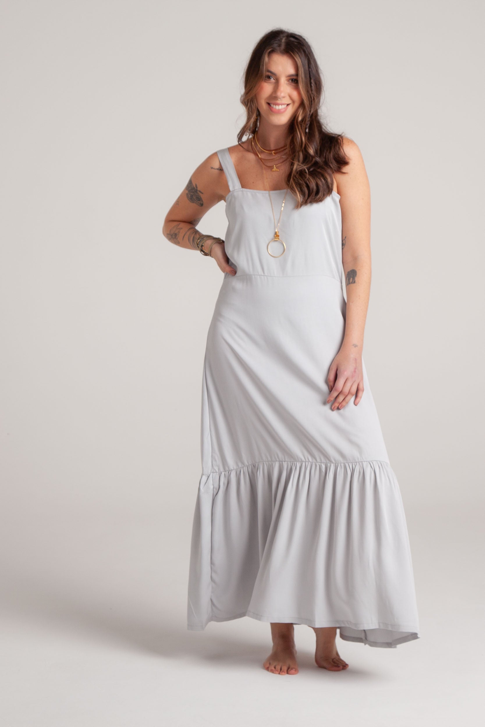Vestido inspiración cuello recto con tiras y bolero - Gris