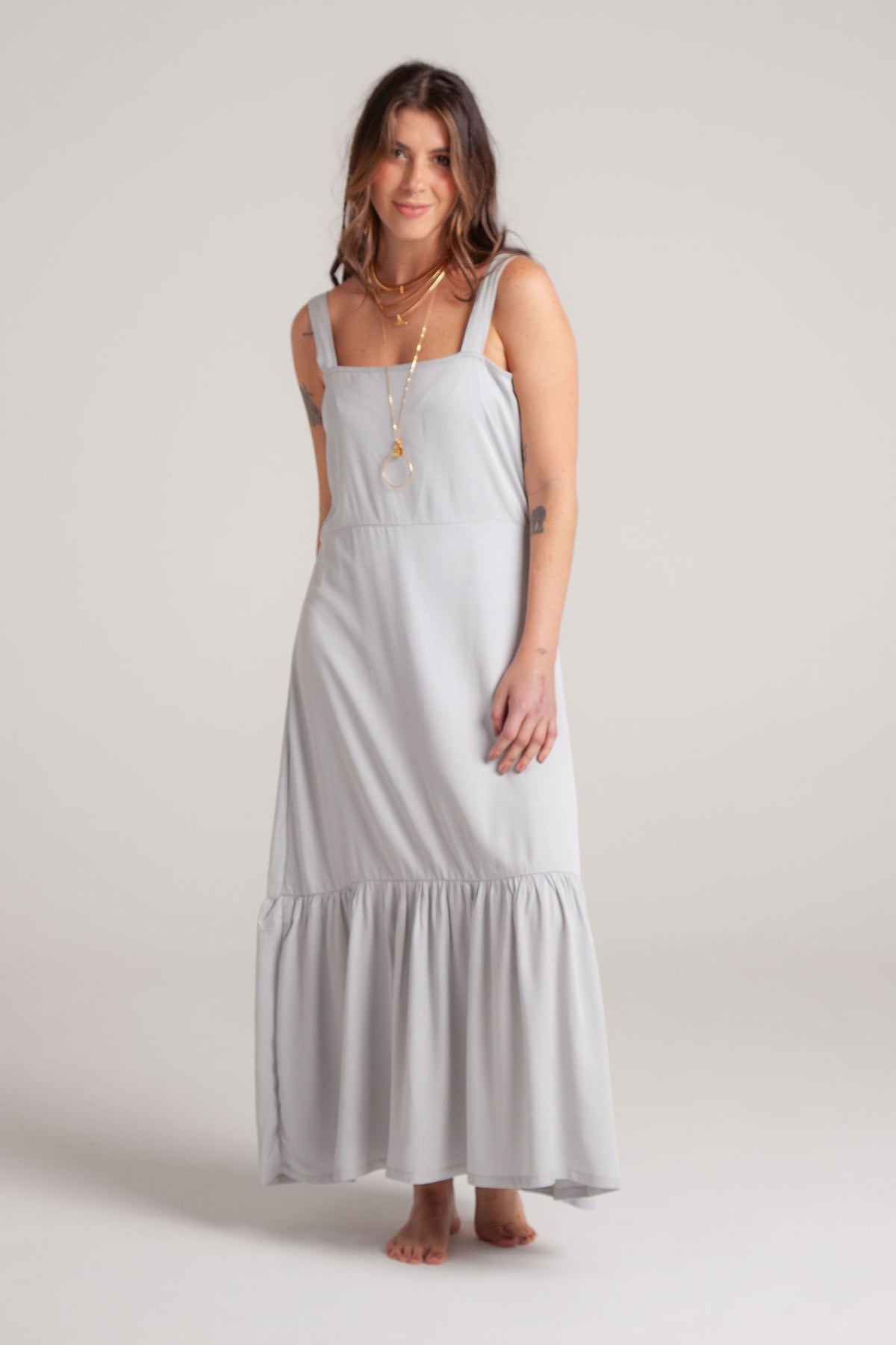 Vestido inspiración cuello recto con tiras y bolero - Gris