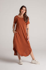 Vestido Alma multi cuello en v o redondo con bolsillos - Café Valery