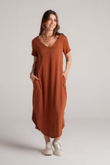 Vestido Alma multi cuello en v o redondo con bolsillos - Café Valery
