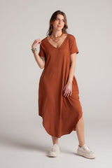Vestido Alma multi cuello en v o redondo con bolsillos - Café Valery