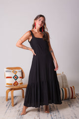 Vestido inspiración cuello recto con tiras y bolero - Negro