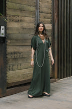 Vestido largo pampa con mangas  - Verde Militar