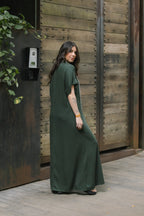 Vestido largo pampa con mangas  - Verde Militar