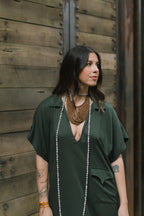 Vestido largo pampa con mangas  - Verde Militar