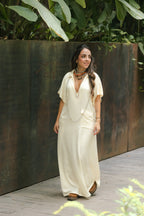 Vestido largo pampa con mangas  - Color Crudo