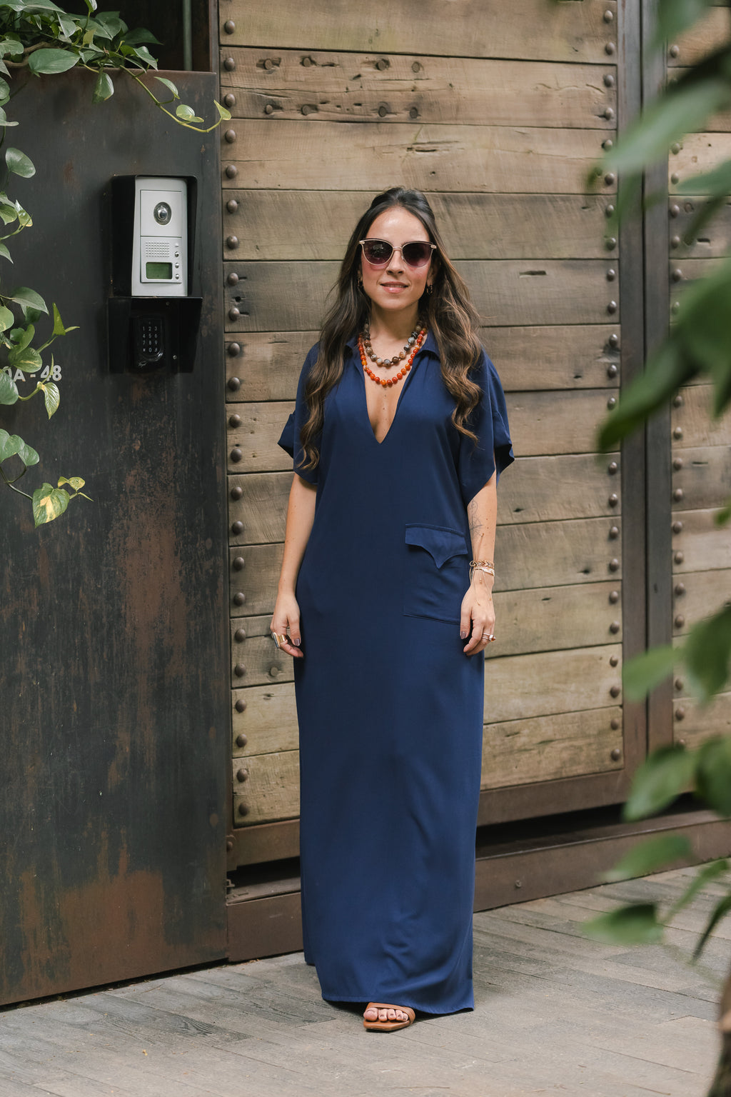 Vestido largo pampa con mangas  - Azul Oscuro