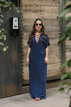 Vestido largo pampa con mangas  - Azul Oscuro