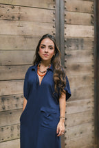 Vestido largo pampa con mangas  - Azul Oscuro