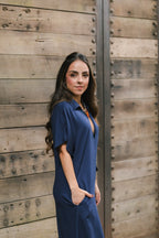 Vestido largo pampa con mangas  - Azul Oscuro