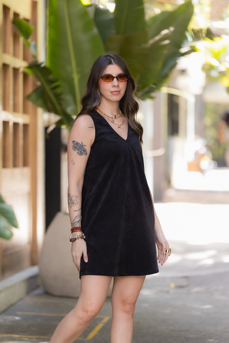 Vestido en pana corto con bolsillos - Negro Imagen principal del producto