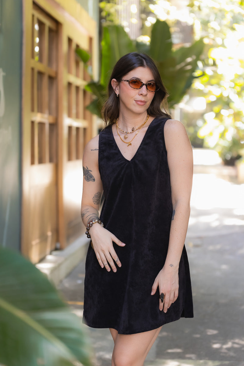Vestido en pana corto con bolsillos - Negro