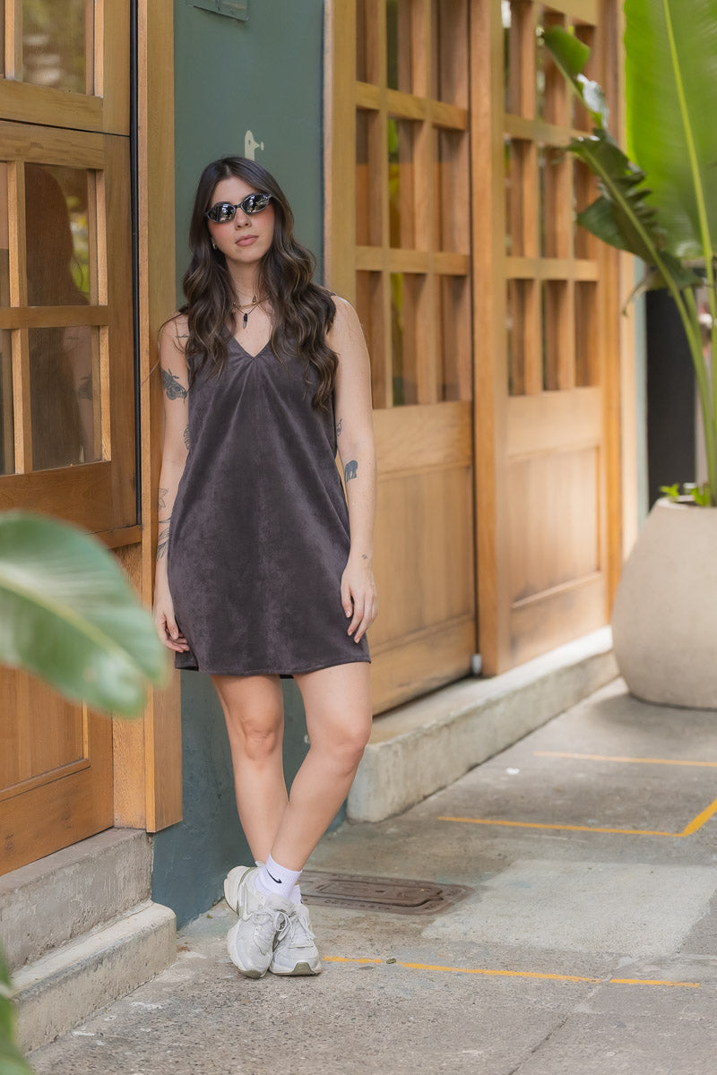Vestido en pana corto con bolsillos - Gris Plutón